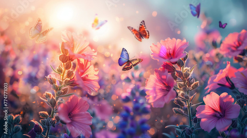 fiori di malva multicolore sul campo  farfalle volanti sullo sfondo dell alba  stile pittura  arte digitale  quadro digitale di fiori primaverili