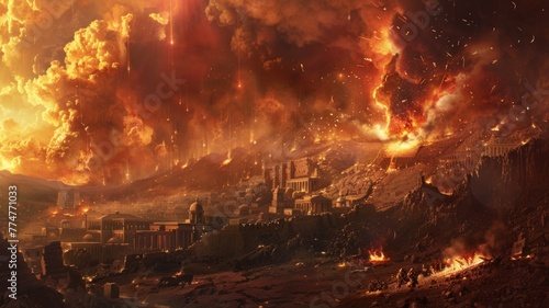Dramatic destruction of an ancient city - A cataclysmic scene portrays the apocalyptic end of a civilization, set in ancient times