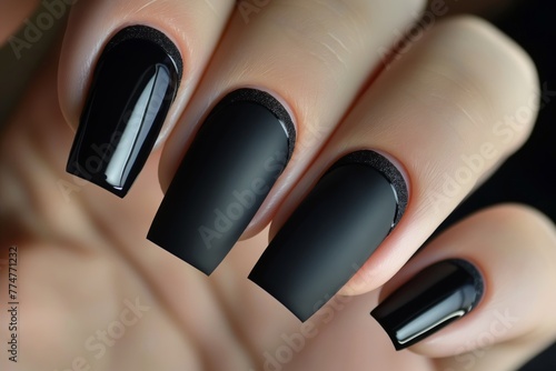 Close-up of a hand with matte black nail polish and a single glossy accent nail, showcasing a stylish manicure photo