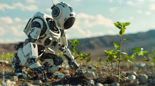 A humanoid robot in a desert area checks seedlings