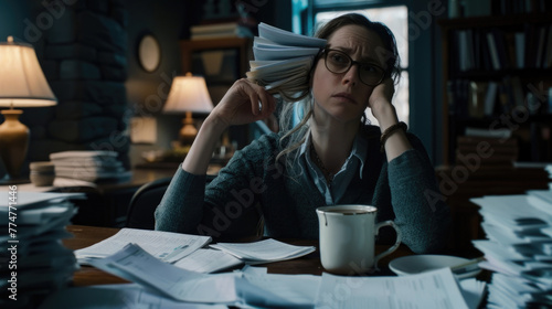 A woman sits at her desk, overwhelmed by piles of paperwork, working into the night with a coffee cup nearby photo