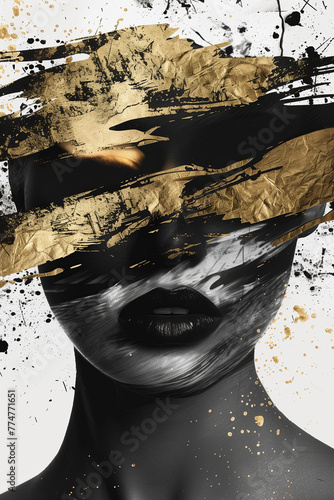 collage of an abstract black and white woman fashion portrait golden paint splash accents , art work ,print, interior design photo