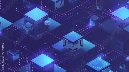 Isometric rendering of neon-lit cyber structures - An isometric view of a futuristic cityscape with neon lighting and cyberpunk aesthetics