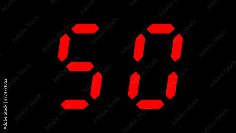 55 seconds countdown timer digital animation from 55 to 0 seconds with red numbers on black background, suitable for concepts of time, technology, urgency, and deadlines