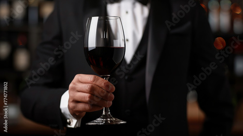 Sophisticated Gentleman sommelier Holding Glass of Red Wine in Elegant Attire, banner wineshop photo