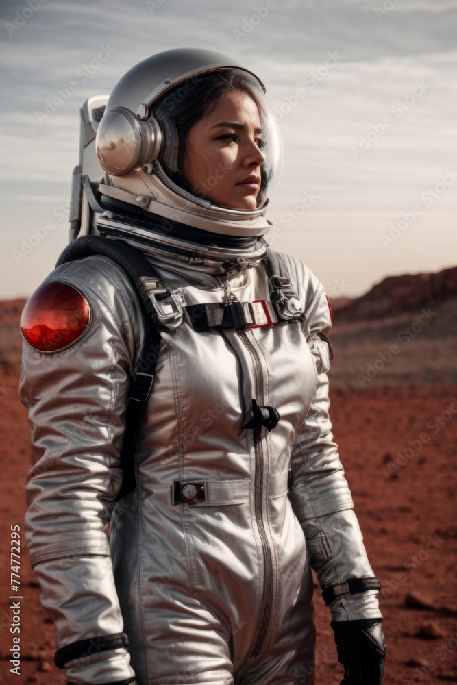 A woman in a silver spacesuit stands on a red planet