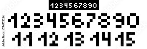 A set with numbers in pixels. An invoice with a number on black and on white. Vector illustration. Pixel graphics. Retro black elements on a white background. 8 bit game