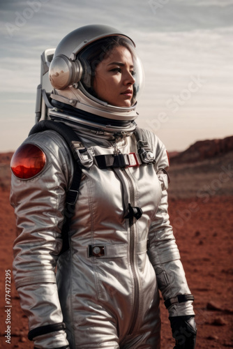 A woman in a silver spacesuit stands on a red planet © liliyabatyrova