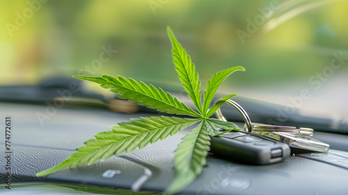 Green cannabis leaf and driver license, marijuana with car keys. Concept dealership, transportation of drugs, hemp and leaves.