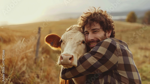 Smiling Farmer Embracing Cow in Golden Hour Countryside