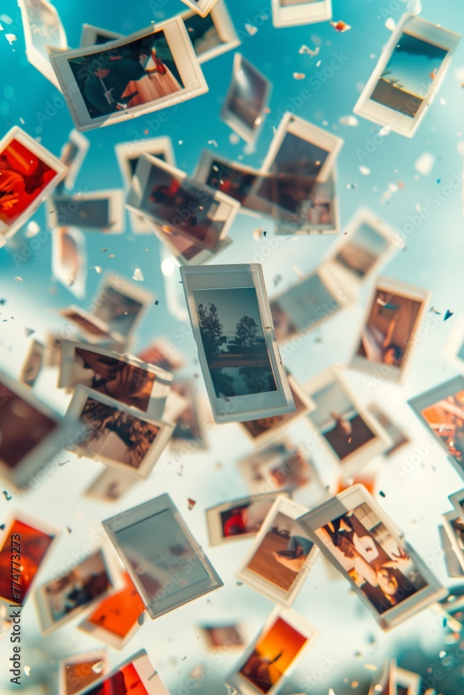 Floating Polaroid Photos in Blue Sky Concept Floating Polaroid Photos in Blue Sky Concept