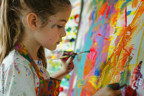 Portrait of a cute little girl painting with colorful paints on the wall 