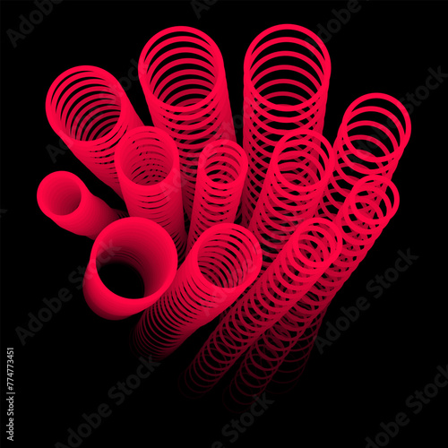 Repeated circles on the reduction are arranged along like a tube. The path of pink rings in a black background. Bright ring isolated vector illustration. Repeated rings form a line