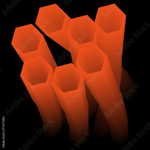 Bright orange tubes in the shape of hundredths are shrinking. The path of bright honeycomb pipes into a black background. Bright shaped isolated vector illustration. Repeated twisted tubes form a line