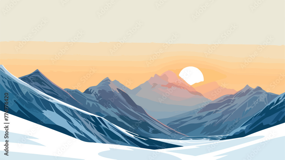 Sunrise in the snow covered mountains Flat vector 