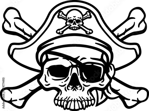 A pirate skull and crossbones jolly roger grim reaper cartoon wearing captain a hat and eye patch