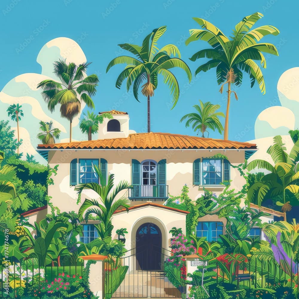 Illustration of a San Diego style house with large windows and shutters. Set among palm trees green trees and lively flowers