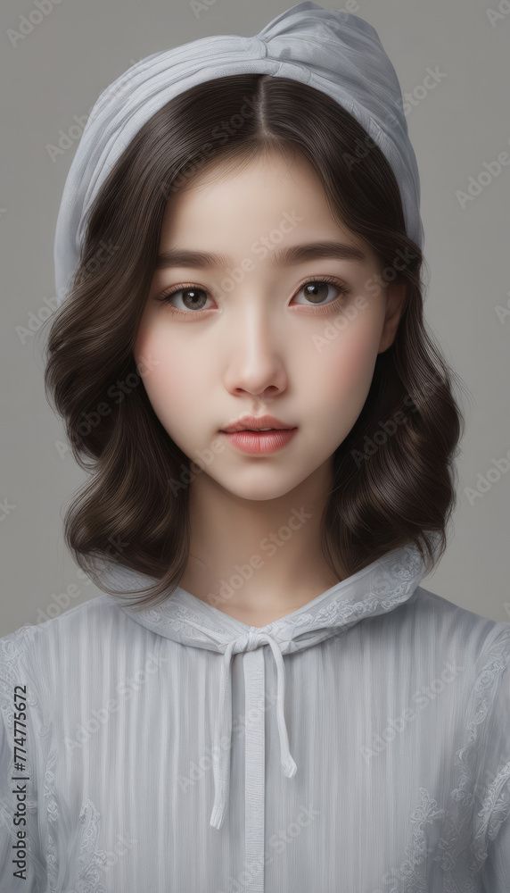 Close-up portrait of a cute Asian girl with black curly hair wearing gray clothes Close-up portrait of a cute Asian girl with black curly hair wearing gray clothes