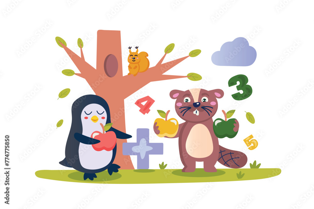Math lesson concept with character scene in flat cartoon design. A little penguin and a cute beaver learn math with apples. Vector illustration.