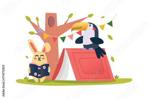 Book festival concept with character scene in flat cartoon design. A rabbit and a toucan spend their time happily and usefully at a book festival. Vector illustration.