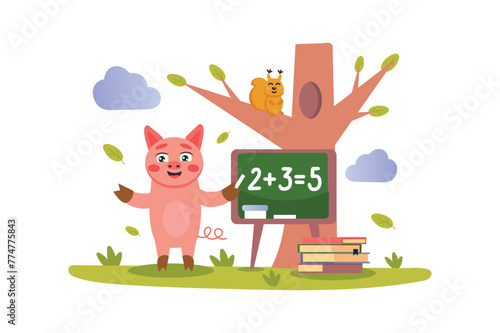 Great work concept with character scene in flat cartoon design. A cute pig solves a math problem in front of the blackboard. Vector illustration.