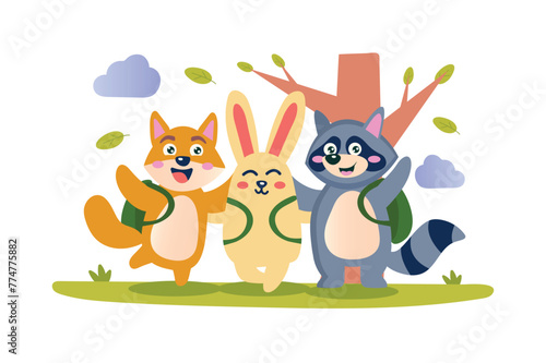 Happy friends concept with character scene in flat cartoon design. Schoolchildren fox, rabbit and raccoon are happy and cheerful together. Vector illustration.