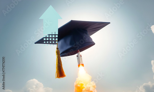 Graduation cap on a white background with a rocket taking off in a futuristic space environment, moving upward, the beginning of a long journey