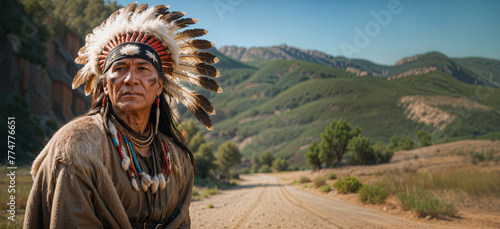 An Native American man wearing traditional clothing and a feather headdress stands on a dirt road in front of a mountainous background.