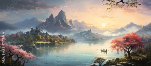 A serene and peaceful painting of a mountain landscape with a calm lake reflecting the clear blue sky, featuring a small boat on the water