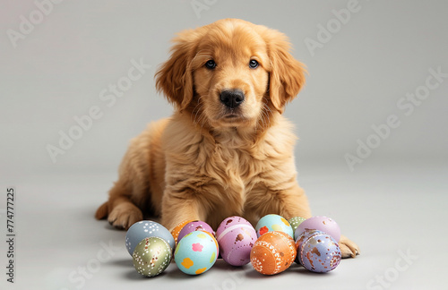 dog golden retriever puppy with easter eggs. easter concept