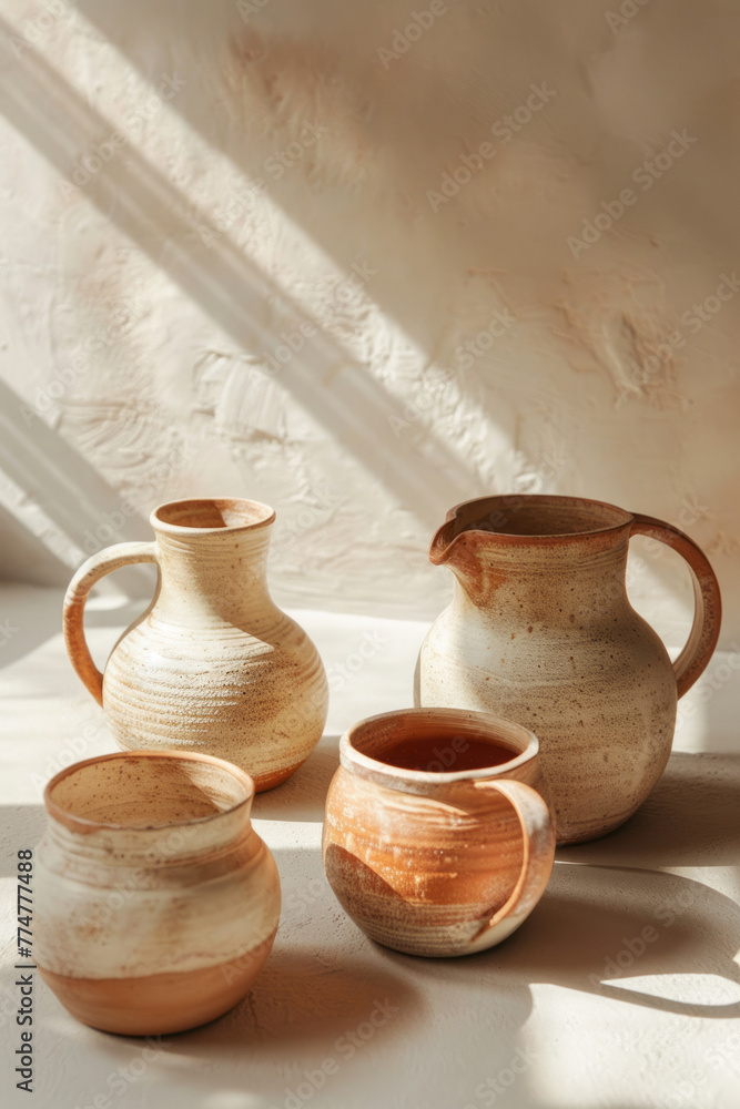 Traditional hand-made clay or ceramic products such as vases, jugs, cups in sunlight. Assortments craft pottery.