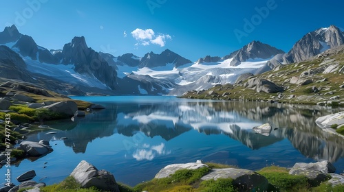 A pristine glacial lake nestled in a valley between rugged, snow-covered peaks, with the clear blue sky overhead.