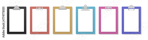 Notepad information board. Business board with clip. Empty clipboard with blank white paper sheet for mockup. Clipboard and paper sheet page. Free space for text. Illustration in flat design.