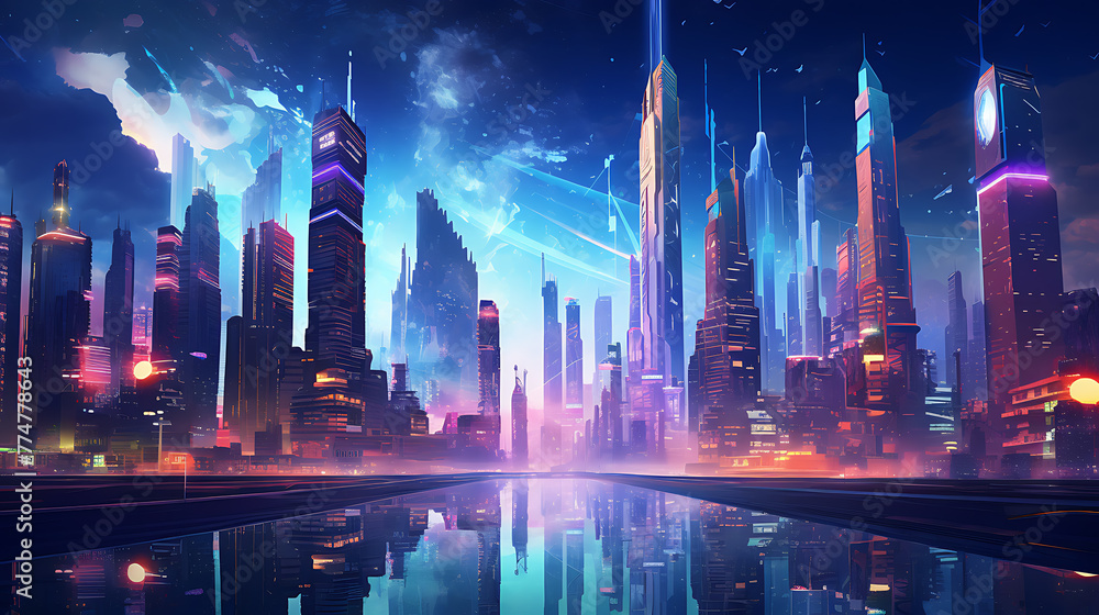 dreamlike city in the future in dubai with towerin