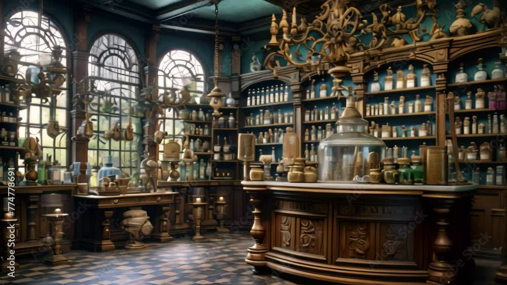 A room filled with numerous shelves, each packed with a variety of bottles, Pharmacy Interior, AI Generated A room filled with numerous shelves, each packed with a variety of bottles, Pharmacy Interior, AI Generated