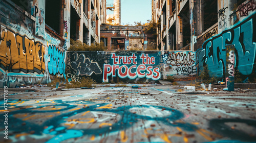 graffiti art on an outdoor wall showing "trust the process" © fraudiana