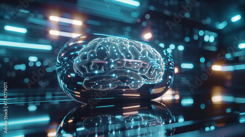 Futuristic Brain in Capsule Illustrating Advanced Neuroscience. Concept pill with AI technology for IQ people. © Adin