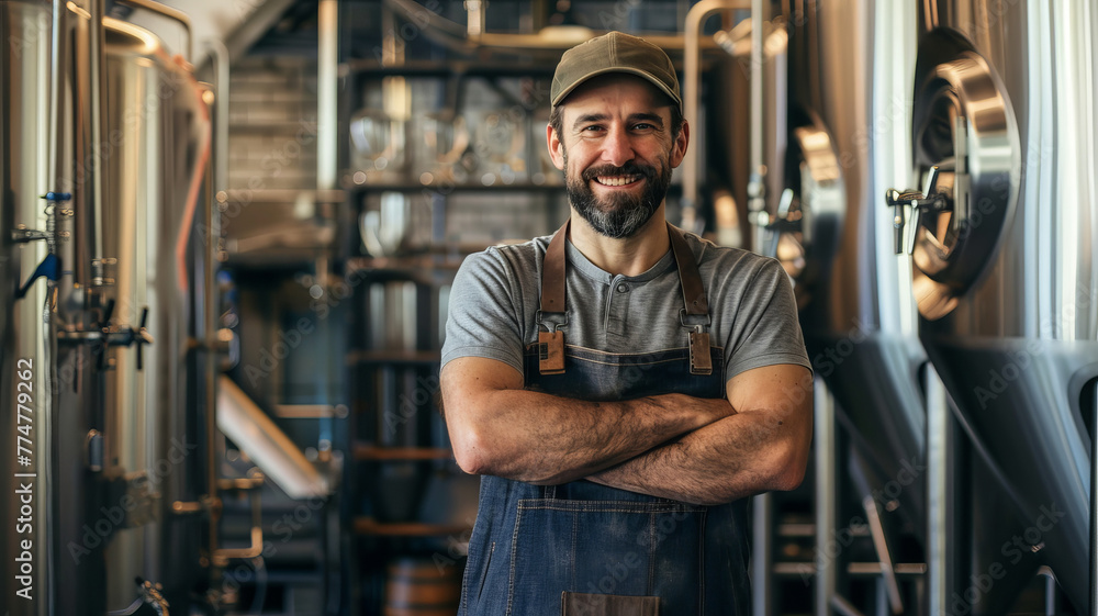 Smiling owner brewmaster in craft brewery with stainless fermentation tanks, beer industry. Smiling owner brewmaster in craft brewery with stainless fermentation tanks, beer industry.