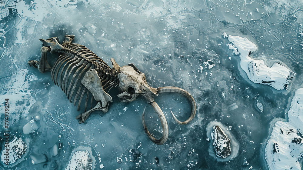 Aerial top view remains of mammoth lie in frozen ice, archaeological excavations - obrazy, fototapety, plakaty 
