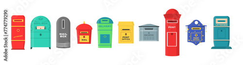 Vector set of mailboxes, letter boxes, pedestals for sending and receiving letters, correspondence, newspapers, magazines, bills. Set of mailbox for delivery envelopes, parcel in flat style.