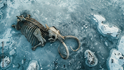 Aerial top view remains of mammoth lie in frozen ice, archaeological excavations photo