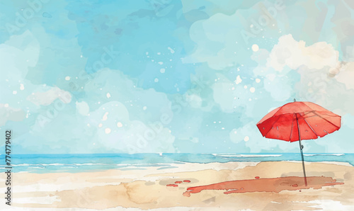 watercolor background illustration red umbrella on the beach