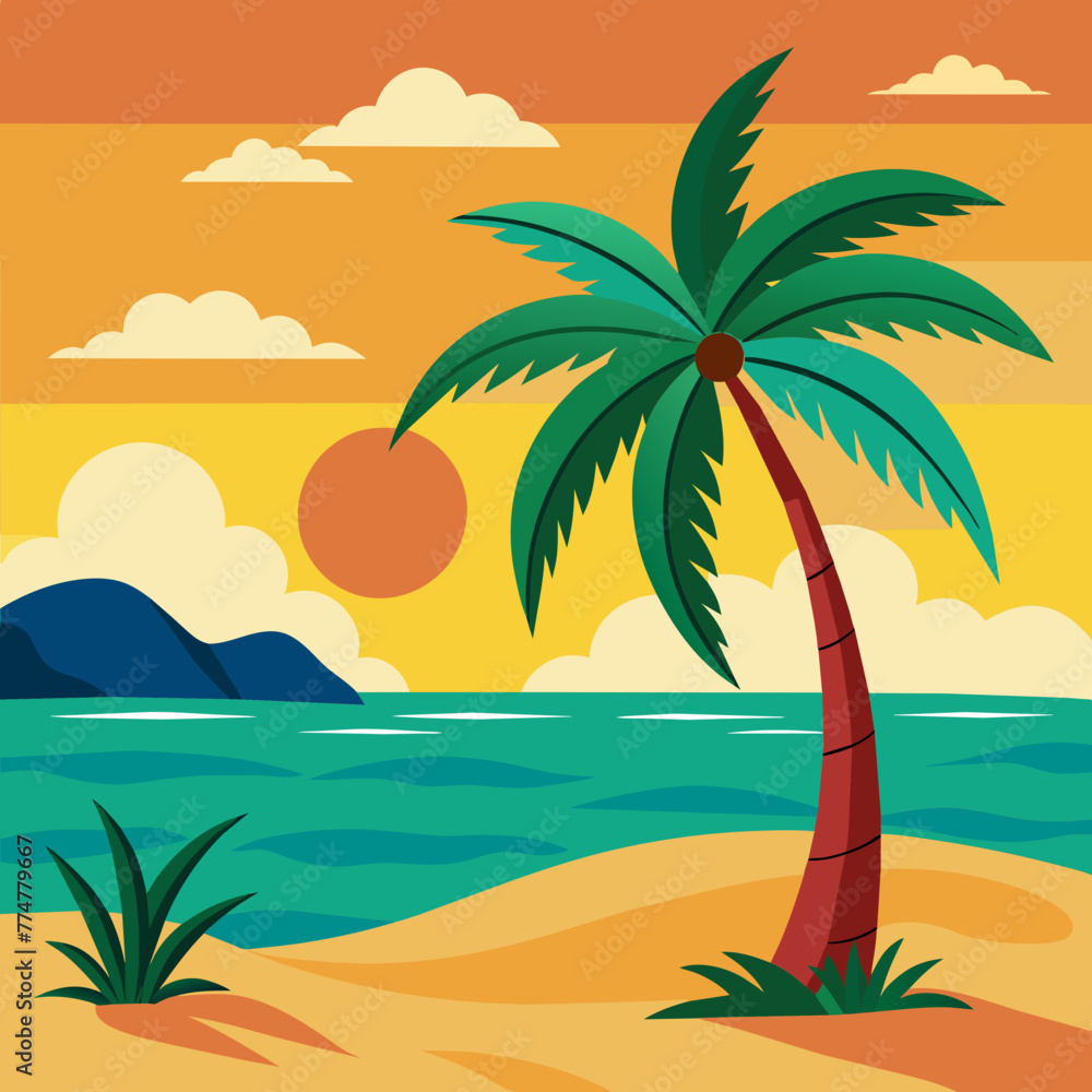 beach, palm, sun,  watercolor