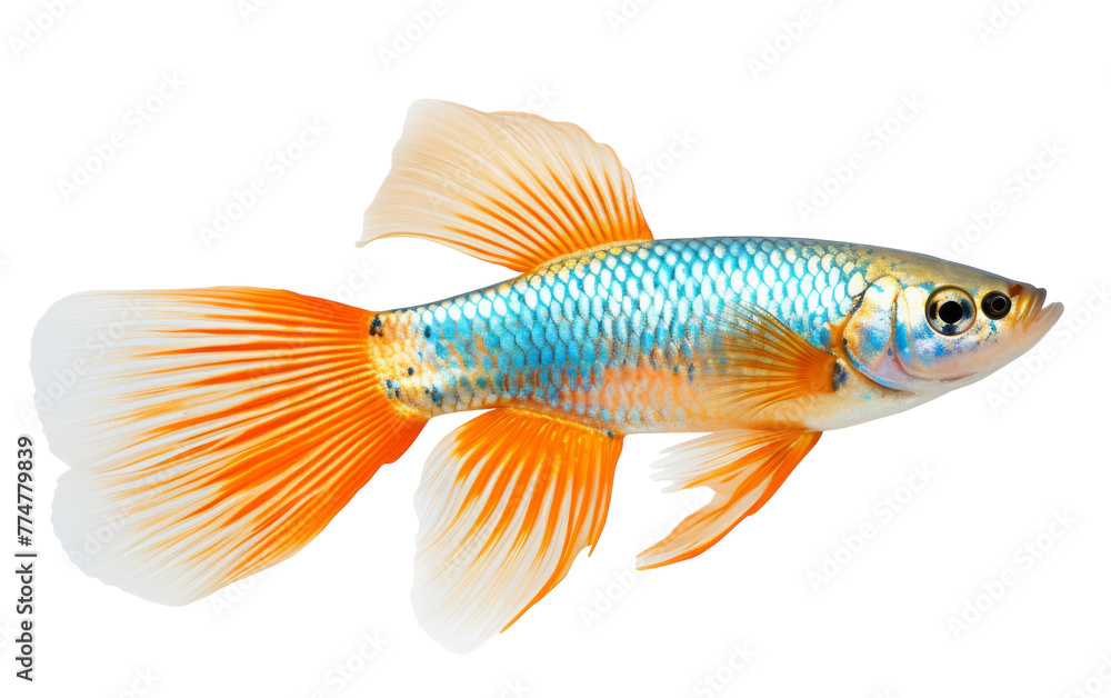 A mesmerizing goldfish swims elegantly, showcasing vibrant blue and white fins in a tranquil underwater world A mesmerizing goldfish swims elegantly, showcasing vibrant blue and white fins in a tranquil underwater world