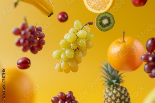 Fresh fruit assortment floating against a bright yellow background
