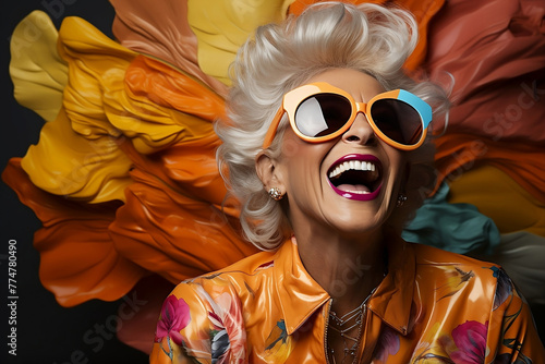 Portrait of a smile person with orange sunglasses. Happy woman