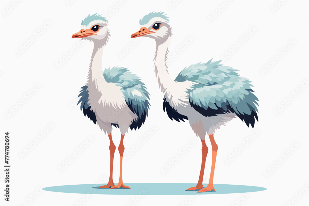Two ostriches on white background, flat style vector illustration for children, simplified character design, soft pastel shades Two ostriches on white background, flat style vector illustration for children, simplified character design, soft pastel shades