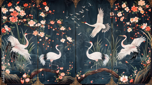 Folding screen in chinoiserie style with white cranes