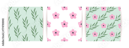 Set of seamless vector patterns of flowers and branches, design for wallpaper, coverings, fabric.