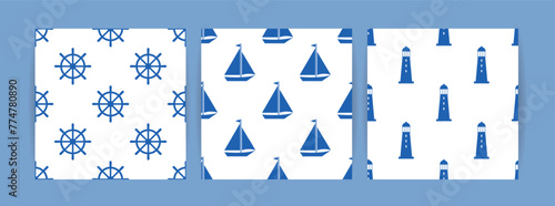 Set of seamless patterns boat, lighthouse and steering wheel on a blue background.